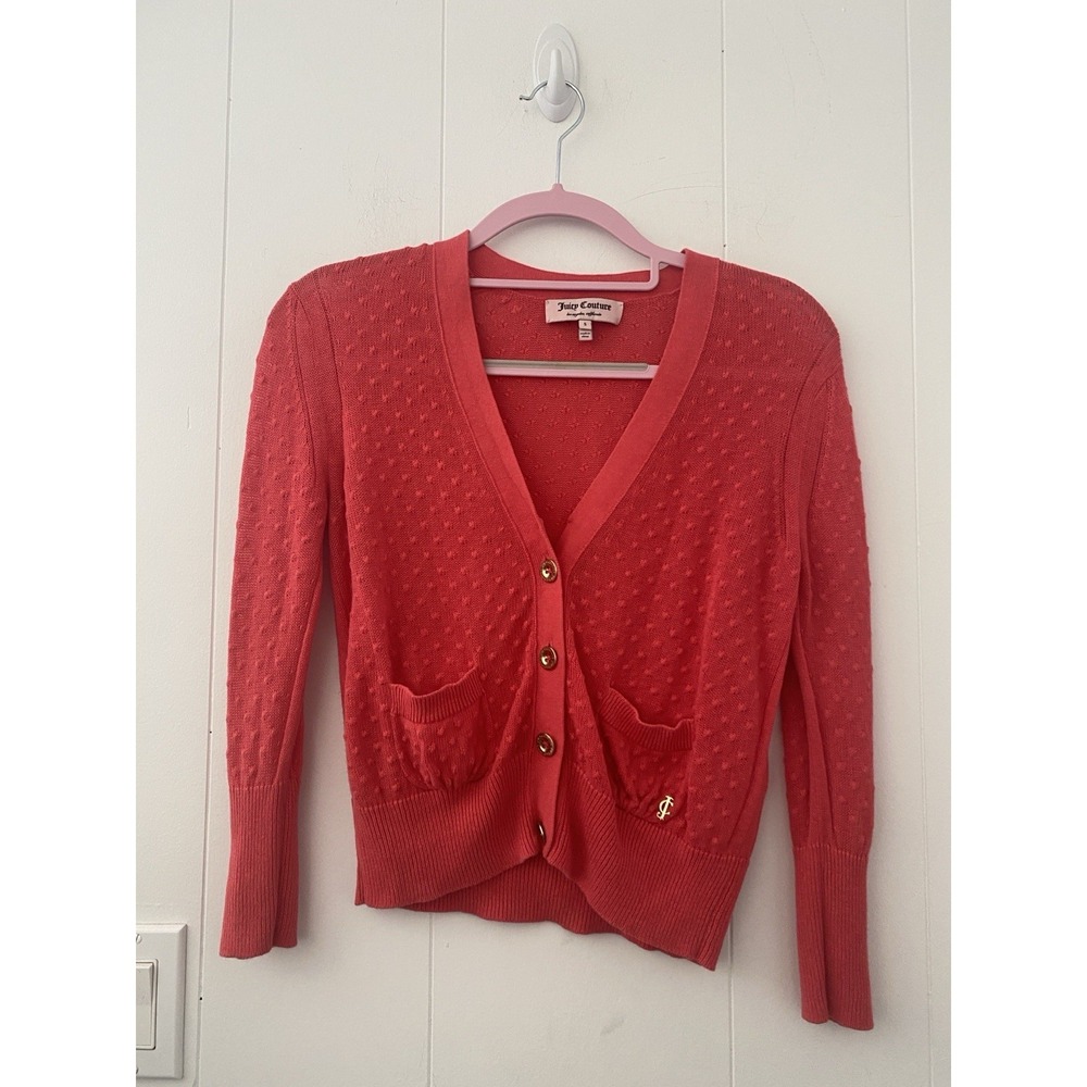 Juicy Couture Coral Pointelle Knit Cardigan Logo Buttons Cotton Linen Silk S